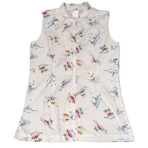 RARE!🏖️👙🛟Vintage Beach Scene Bobbie Brooks Button Down Sleeveless Collared Top M